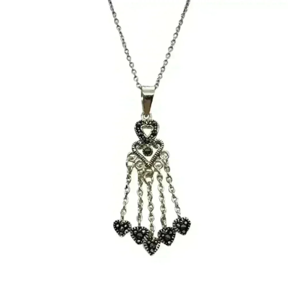 Vintage 925 sterling Silver Marcasite Heart Necklace With Long Dangle Charms